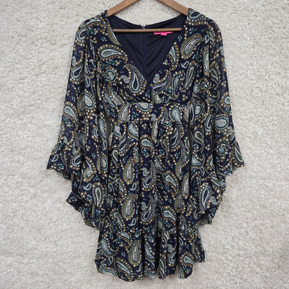 Betsey Johnson Paisley Dress Women 2 Navy Blue Bell Sleeve Boho Whimsical Mini